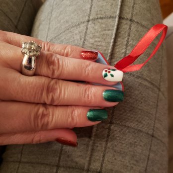 Edgy Nails & Spa - My Christmas nails over a See's ornament. - Nail Salons Near Me - Riverside, California Edgy Nails & Spa - My Christmas nails over a See's ornament. - Nail Salons Near Me - Riverside, California