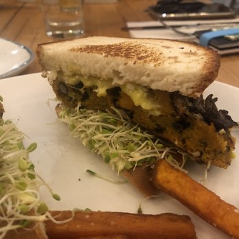 Oh My Darling - Veggie Burger withs weet potato fries. (With a gluten free bun instead of Portuguease muffin) - Breakfast & Brunch Near Me - Syracuse, New York