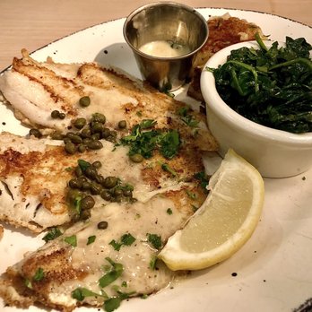 Lure Fish House - SALLY'S SAND DABS Wild caught and lightly herb crusted with lemon caper sauce; served with steamed spinach and parmesan potato cake - Seafood Near Me - Porter Ranch, California Lure Fish House - SALLY'S SAND DABS Wild caught and lightly herb crusted with lemon caper sauce; served with steamed spinach and parmesan potato cake - Seafood Near Me - Porter Ranch, California