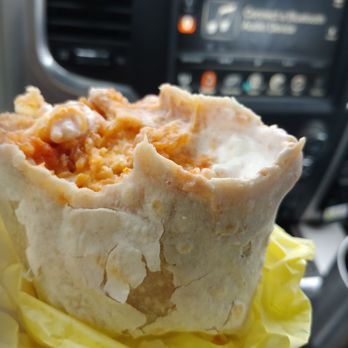 Miguels Jr - Bottom third is where cheese and sour cream finally showed up... Just one glop of it right there on the side. - Mexican Near Me - Corona, California