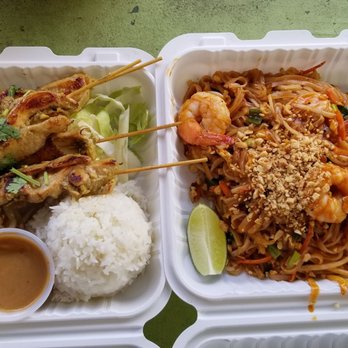 Thai Mee Up - Satay Chicken on the left, Shrimp Pad Thai on the right. - Food Trucks Near Me - Kahului, Hawaii Thai Mee Up - Satay Chicken on the left, Shrimp Pad Thai on the right. - Food Trucks Near Me - Kahului, Hawaii