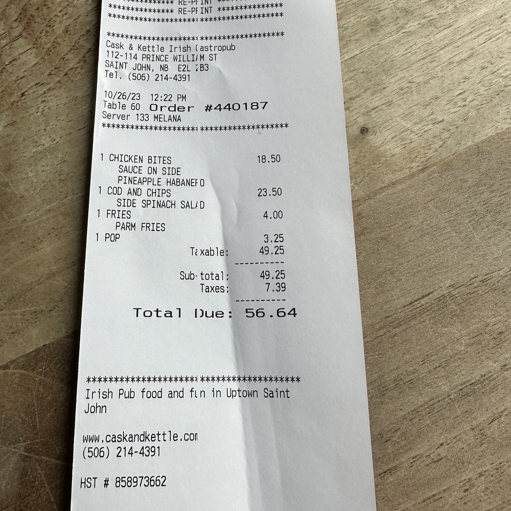 Cask & Kettle - a receipt for a restaurant - Gastropubs Near Me - Saint John, New Brunswick