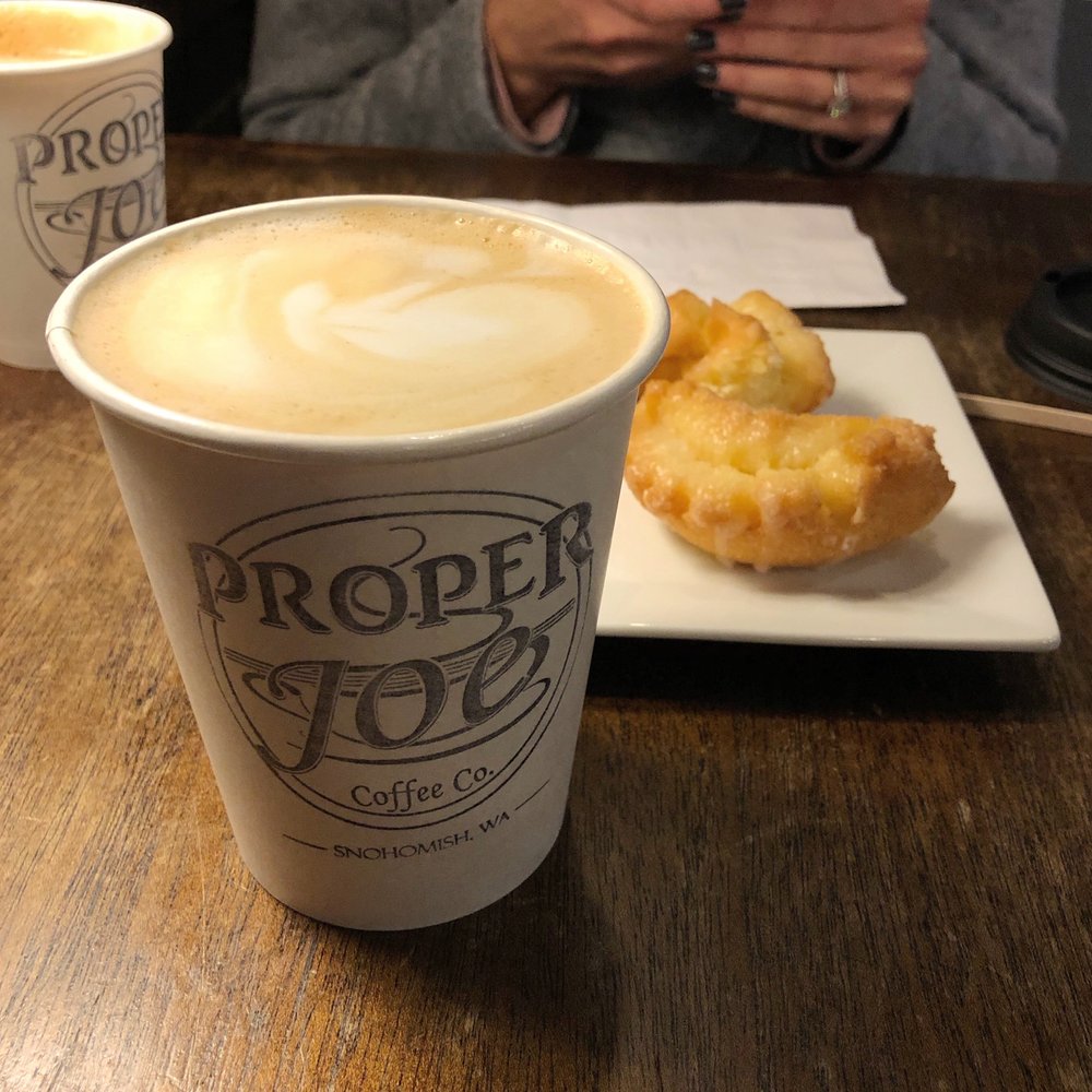 Proper Joe Coffeehouse - Caramel latte & an old fashioned donut - Coffee & Tea Near Me - Snohomish, Washington Proper Joe Coffeehouse - Caramel latte & an old fashioned donut - Coffee & Tea Near Me - Snohomish, Washington