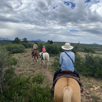 Baker Ranch - Four people are horseback riding on a narrow dirt trail through a natural landscape with green bushes and trees. The riders are spaced out, with the person closest to the camera wearing a wide-brimmed hat and a light blue shirt. The other riders are further ahead, with one wearing a pink hat and another in a beige jacket. The sky above is filled with gray clouds, and distant mountains are visible on the horizon, indicating a scenic outdoor setting suitable for horseback riding. - Horseback Riding Near Me - Placerville, Colorado
