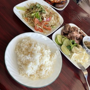 Cambodian Restaurant - Rice papaya salad bbq mixed combo and steak with prahok - Cambodian Near Me - Stockton, California