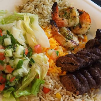KABOB-iSH - Three types of rice, salad, shrimp and beef - Mediterranean Near Me - Duluth, Georgia