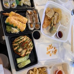 veggie rolls far left. Veggie + Mango roll next + crispy spicy tuna + tempura veggies up top & some cheese wontons + Miso soup (eh) veggie rolls far left. Veggie + Mango roll next + crispy spicy tuna + tempura veggies up top & some cheese wontons + Miso soup (eh)