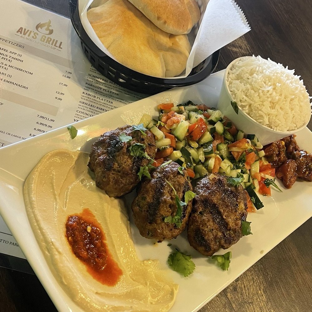 Avi’s Grill - Kabob Kebab Platter.... Rice, Israeli salad , hummus , and pita.... DELICIOUS..... - Kosher Near Me - Boca Raton, Florida Avi’s Grill - Kabob Kebab Platter.... Rice, Israeli salad , hummus , and pita.... DELICIOUS..... - Kosher Near Me - Boca Raton, Florida