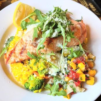 Sorella Caffe - Salmon with saffron rice - Italian Near Me - Fairfax, California Sorella Caffe - Salmon with saffron rice - Italian Near Me - Fairfax, California