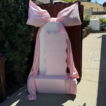 Event Props - Welcoming sign - A decorative welcome sign for a baby shower is displayed outdoors, featuring a white board with cursive writing that reads 'Welcome To Danny & Tia Baby Shower.' The sign is adorned with pink fabric draped around it, forming a large bow at the top. It is positioned on a sidewalk next to a wooden fence and greenery, with a sunny sky overhead. - Party Equipment Rentals Near Me - Corning, California