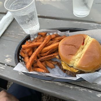 Off The Rails - Rodeo burger and sweet potato fries - American Near Me - Laconia, New Hampshire Off The Rails - Rodeo burger and sweet potato fries - American Near Me - Laconia, New Hampshire