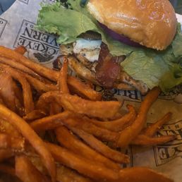 Burger with bacon and sweet potato fries
