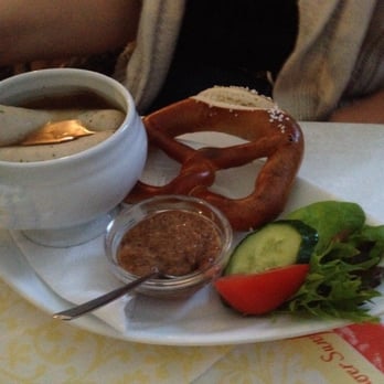 Hockenberger Mühle - White sausage soup with pretzel-yum! - German Near Me - Wiesbaden, HE Hockenberger Mühle - White sausage soup with pretzel-yum! - German Near Me - Wiesbaden, HE