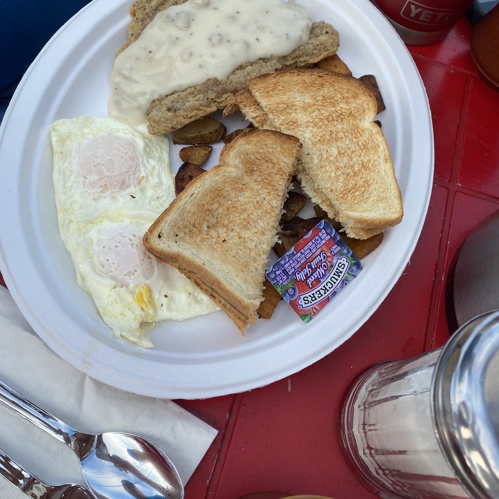 Sunrise Cafe - Eggs over easy with chicken fried steak , toast - Breakfast & Brunch Near Me - Geneva, Ohio Sunrise Cafe - Eggs over easy with chicken fried steak , toast - Breakfast & Brunch Near Me - Geneva, Ohio