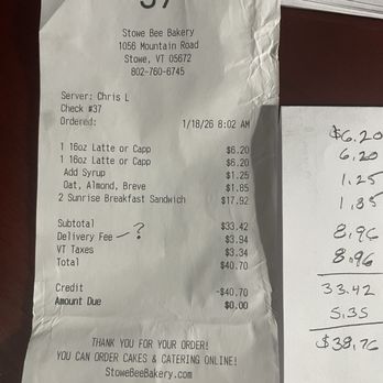 Stowe Bee Bakery & Cafe - Receipt - Coffee & Tea Near Me - Stowe, Vermont Stowe Bee Bakery & Cafe - Receipt - Coffee & Tea Near Me - Stowe, Vermont
