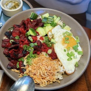 True Laurel - TOCINO SILOG Sweet-Cured Fried Pork, Garlic Rice, Fried Egg, Cucumber, Shallots, Scallions - Cocktail Bars Near Me - San Francisco, California True Laurel - TOCINO SILOG Sweet-Cured Fried Pork, Garlic Rice, Fried Egg, Cucumber, Shallots, Scallions - Cocktail Bars Near Me - San Francisco, California