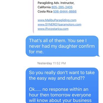 Malibu Paragliding - Here is the proof he can't respond to my text messages but replies right away to yelp to try to save his scam business lol - Paragliding Near Me - Malibu, California Malibu Paragliding - Here is the proof he can't respond to my text messages but replies right away to yelp to try to save his scam business lol - Paragliding Near Me - Malibu, California