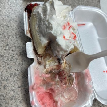 Doumar's Cones & Barbecue - This is the banana split they served at the counter. Ice cream tastes frostbitten. - Barbeque Near Me - Norfolk, Virginia