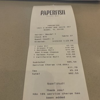 Paperfish Sushi - Receipt showing prices - Sushi Bars Near Me - Miami, Florida