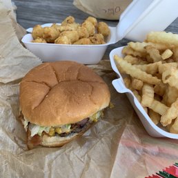 Beacon cheeseburger, fries & tots
