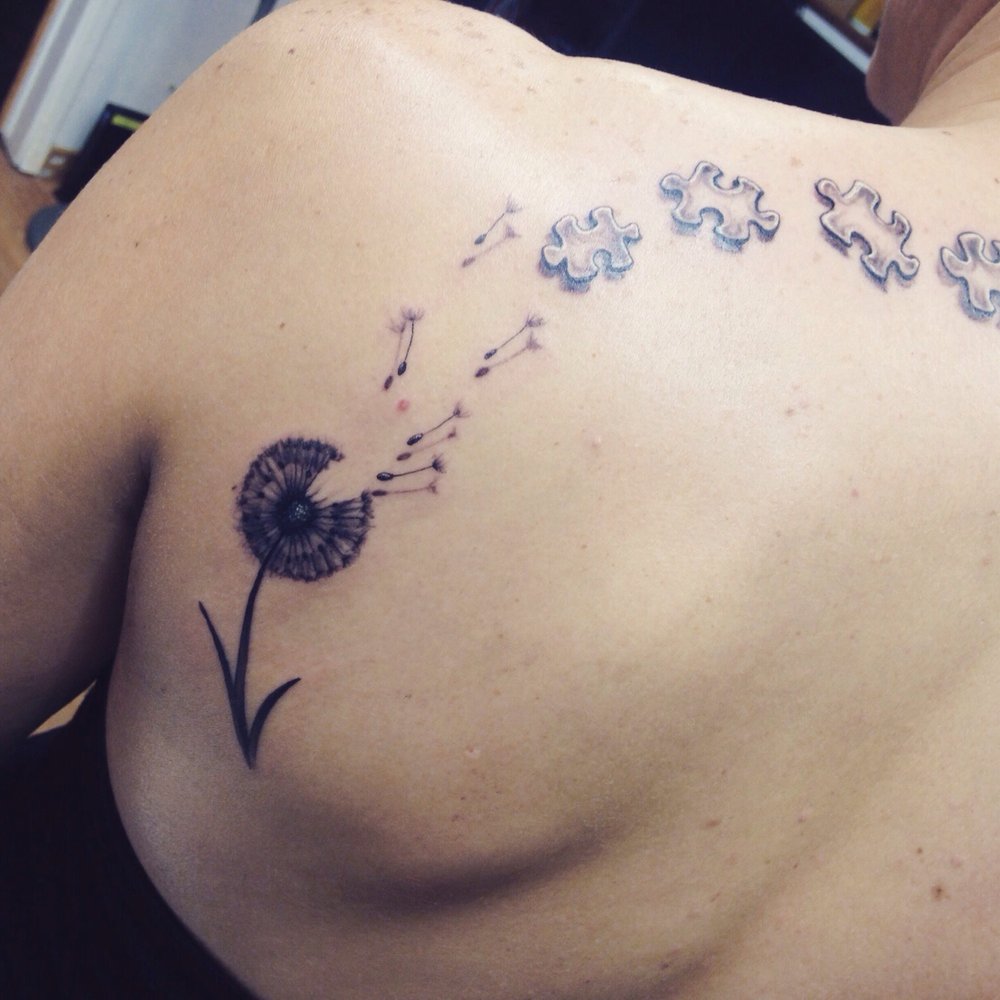 Quannah Driver Art Studio - Dandelion into puzzle pieces - Tattoo Near Me - Costa Mesa, California Quannah Driver Art Studio - Dandelion into puzzle pieces - Tattoo Near Me - Costa Mesa, California
