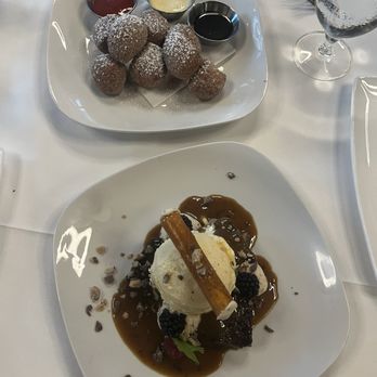 Masraff's - sticky toffee pudding and donuts (raspberry, chocolate, and creme anglaise sauces) - New American Near Me - Houston, Texas
