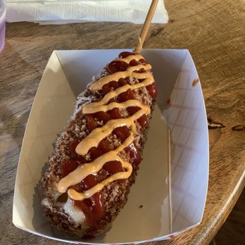 T-Town Cafe - Korean cheese corn dog...with sugar/ ketchup & spicy mayo - Desserts Near Me - Tacoma, Washington T-Town Cafe - Korean cheese corn dog...with sugar/ ketchup & spicy mayo - Desserts Near Me - Tacoma, Washington