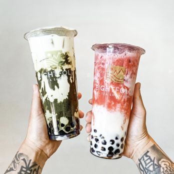 Eightfold Tea Shoppe - Deep Matcha, Marbled Strawberry @huangryfoodie - Bubble Tea Near Me - Costa Mesa, California