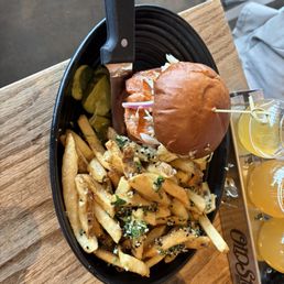 Salmon Burger and garlic fries Salmon Burger and garlic fries