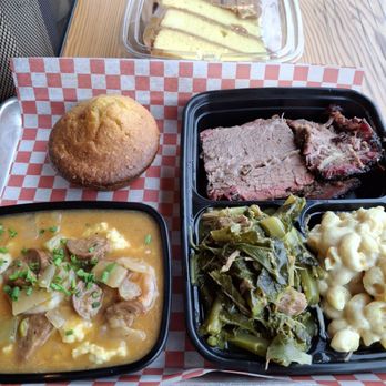 Soul & Smoke Avondale - Chicago Restaurant Week Menu - Shrimp and Grits,  Corn Bread,  Carmel Cake,  Brisket,  Greens,  Mac & Cheese. - Barbeque Near Me - Chicago, Illinois