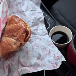 D&E Donuts - Bacon Breakfast Sandwich with Egg and black coffee