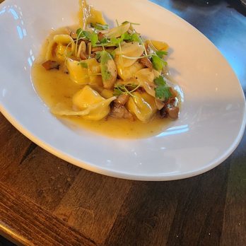 Hippo - Sweet corn cappellacci (foreground) hangar steak (background) - American Near Me - Los Angeles, California Hippo - Sweet corn cappellacci (foreground) hangar steak (background) - American Near Me - Los Angeles, California