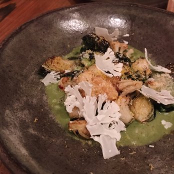 The Progress - fried cauliflower & brussels sprouts green olive-parsley vinaigrette, smoked egg & mullet bottarga $18 - New American Near Me - San Francisco, California The Progress - fried cauliflower & brussels sprouts green olive-parsley vinaigrette, smoked egg & mullet bottarga $18 - New American Near Me - San Francisco, California