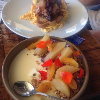 Devour dessert bar - Pannacotta yoghurt, granola and edible flowers! Eggs+bacon for my lumberjack! couldn't finish it fantastic value for the serves! - Coffee & Tea Near Me - Adelaide, SA