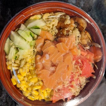Ninja Cafe - Poke bowl: salmon, shrimp, corn, lettuce, cucumber, tempura flakes, and pink ginger - Asian Fusion Near Me - Blacksburg, Virginia