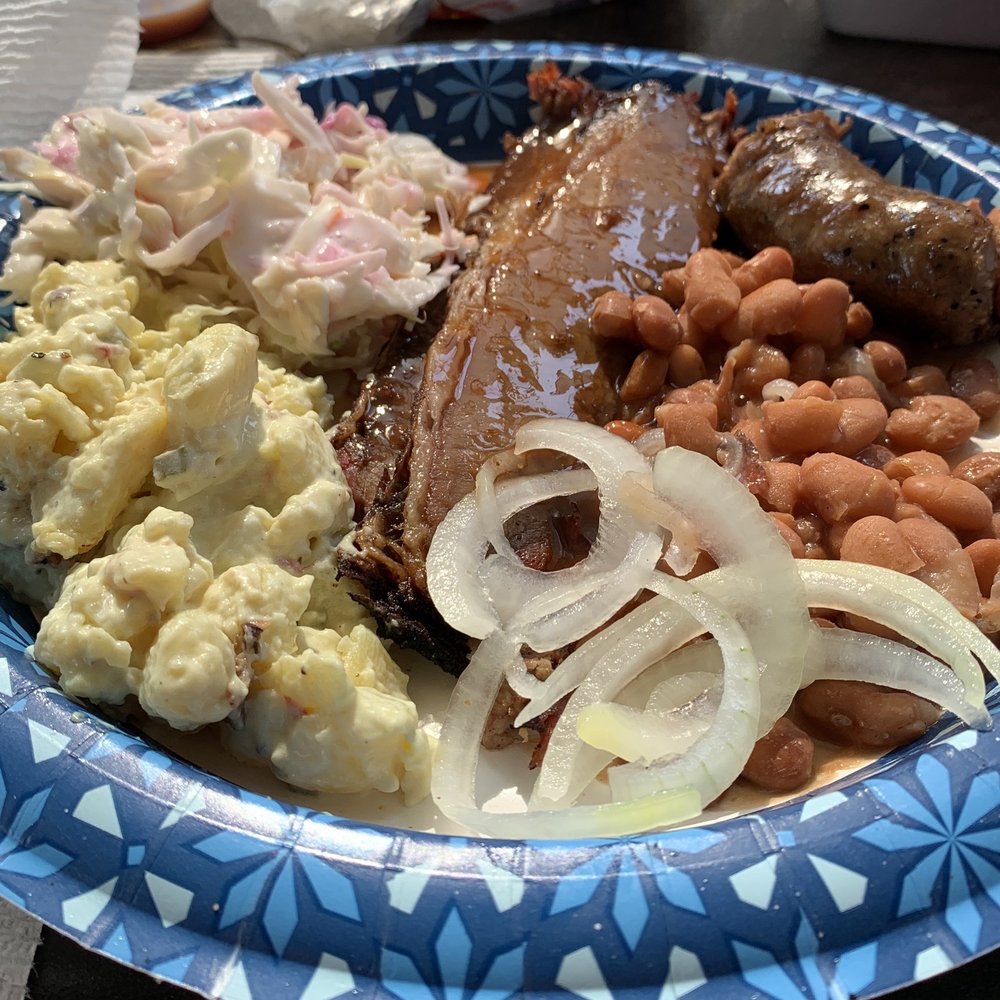 Longorias BBQ - Brisket plate with yummy brisket sausage, coleslaw, pinto beans and potato salad - Barbeque Near Me - Fort Worth, Texas Longorias BBQ - Brisket plate with yummy brisket sausage, coleslaw, pinto beans and potato salad - Barbeque Near Me - Fort Worth, Texas