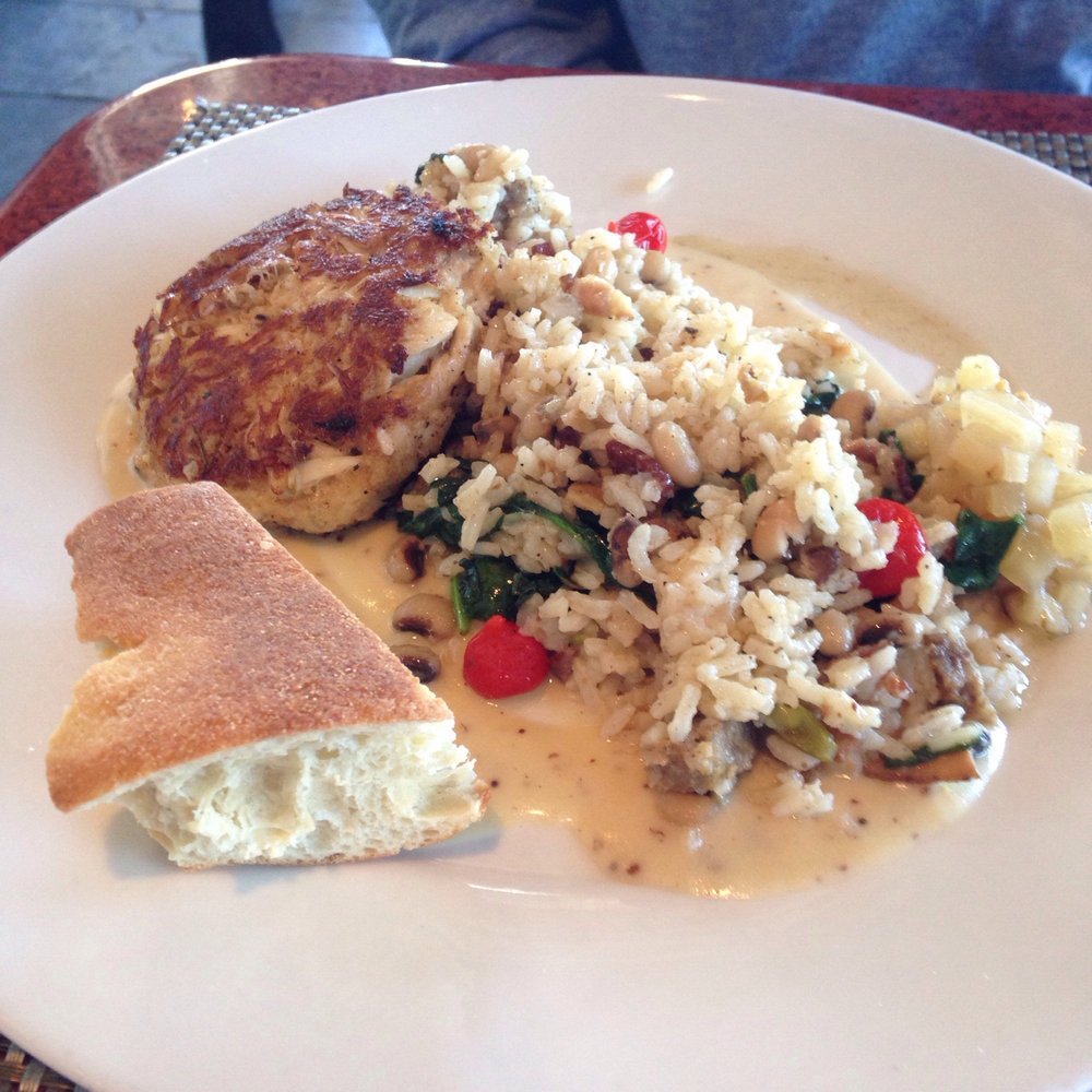 Rivertown Bistro - Crab Cake with Hopping John. - New American Near Me - Conway, South Carolina Rivertown Bistro - Crab Cake with Hopping John. - New American Near Me - Conway, South Carolina