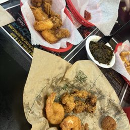 Fried shrimp and oysters + collards Fried shrimp and oysters + collards