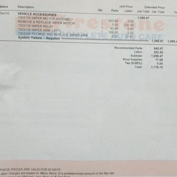 Firestone Complete Auto Care - Notice the $630 wiper motor. We found several for under $100 online. In fact we couldn't find any over $100 - Tires Near Me - Bozeman, Montana