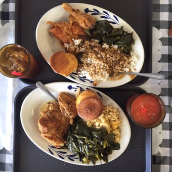 Granny's Kitchen Southern Style Soul Food - Top plate: fried chicken, cornbread, greens and rice and gravy. Bottom plate: fried chicken, cornbread, Mac n cheese and green. - Soul Food Near Me - Los Angeles, California