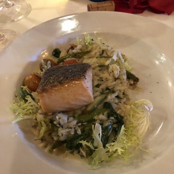 Bouchon - Salmon with orzo, asparagus and frisée - French Near Me - Santa Barbara, California