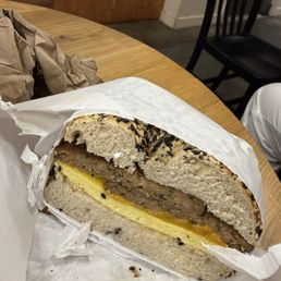 Everything bagel with egg, cheese, and impossible sausage. Everything bagel with egg, cheese, and impossible sausage.