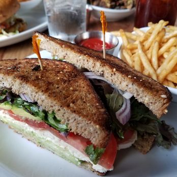 Down On Grayson - Vegetarian sandwich with avocado, cucumber, tomato, and feta cheese on hearty toast. - New American Near Me - San Antonio, Texas Down On Grayson - Vegetarian sandwich with avocado, cucumber, tomato, and feta cheese on hearty toast. - New American Near Me - San Antonio, Texas