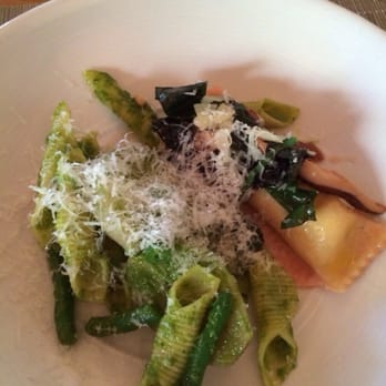 Eno Terra - Pasta with pesto and pine nuts is on the left and on the right was sort of a ravioli made with shitaki mushrooms and basil. - Italian Near Me - Kingston, New Jersey Eno Terra - Pasta with pesto and pine nuts is on the left and on the right was sort of a ravioli made with shitaki mushrooms and basil. - Italian Near Me - Kingston, New Jersey