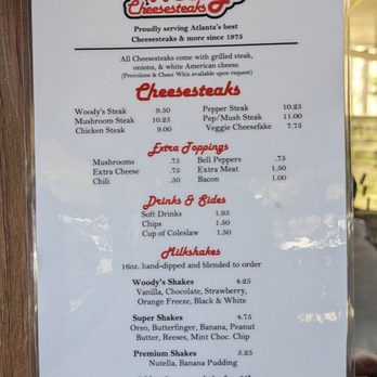 Woody's CheeseSteaks - Late night menu as of 3/25/23. - Sandwiches Near Me - Atlanta, Georgia Woody's CheeseSteaks - Late night menu as of 3/25/23. - Sandwiches Near Me - Atlanta, Georgia