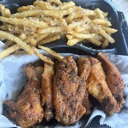 Lemon pepper wings, garlic parm fries