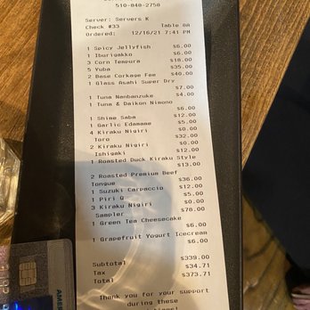 Kiraku - Bill for 5 people - Tapas/Small Plates Near Me - Berkeley, California