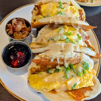 Twisted Fork Brunch Company - Another view of the pancake tacos. Note: the bacon was served on the side as my friend is vegetarian. Normally served in the taco. - Breakfast & Brunch Near Me - Bellmore, New York