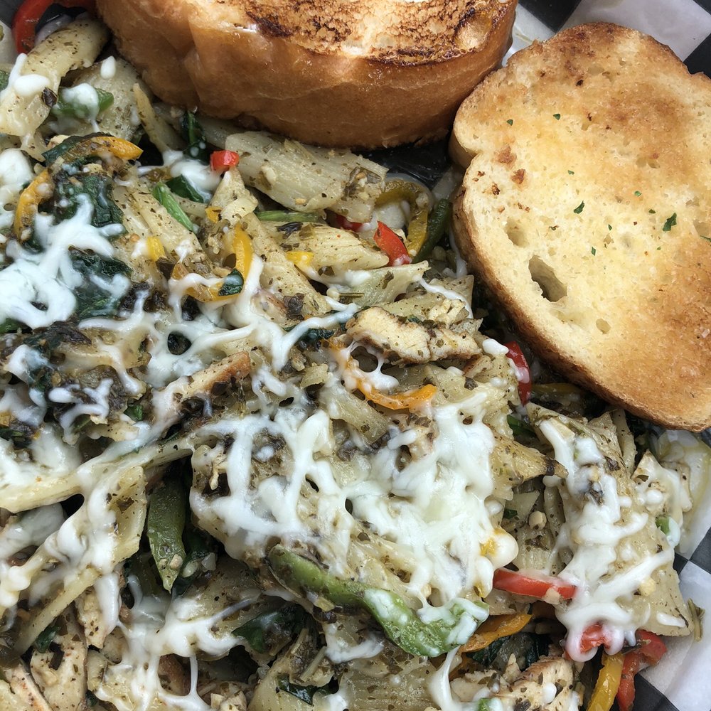 rasta pasta and garlic bread rasta pasta and garlic bread