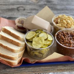 Jon G's Barbecue - Baked beans, pickles, Mac and cheese